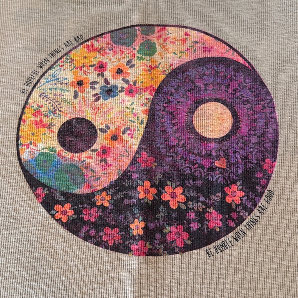 NATURAL LIFE Taupe Short Sleeve Tee with Floral Yin Yang Graphic - Picture 3 of 9